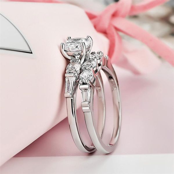 Fashion- Super White Gold Color Zircon Lady Rings New Fashion Wedding Engagement Ring Set Jewelry Gifts For Women 2pcs Clear Zirco257I