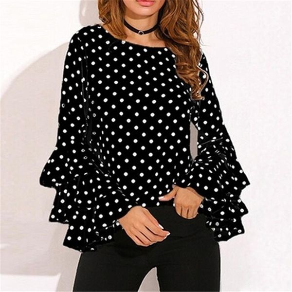 Blusas femininas camisas mulheres polka pontão moda de mola o pescoço de manga longa femininas