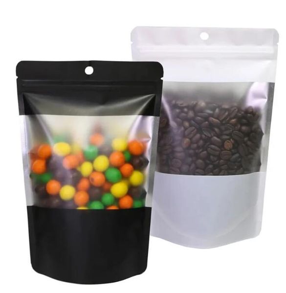 4 dimensioni bianco opaco nero trasparente frontale autosigillante Stand Up Pouchs Hang Hole Coffee Bean Food Storage Bags