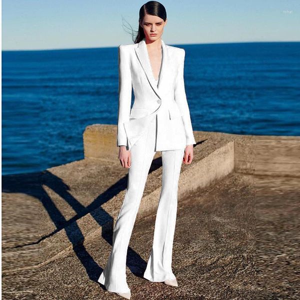Calças de duas peças femininas 2023 Autumn chega personalidade da moda fita mulheres pretas brancas de pano de linha dupla de pano terno de calça