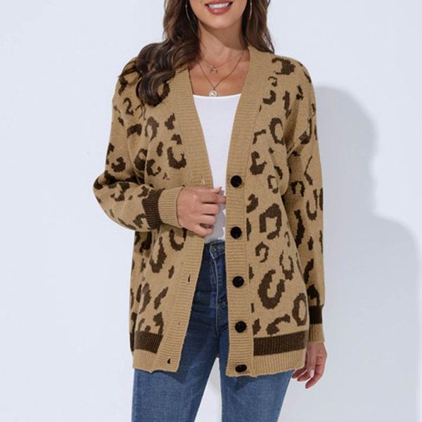 Maglioni da donna 45 # Cardigan con stampa leopardata Maglione con bottoni Allentato a maniche lunghe con fibbia Maglione caldo in cashmere oversize