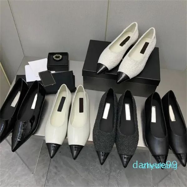 2023-Scarpe eleganti da donna Décolleté con punta nuda Tweed Pelle di vitello Bianco Nero Pelle Tweed Tessuti Scarpe casual invernali Scarpe basse da sposa di moda