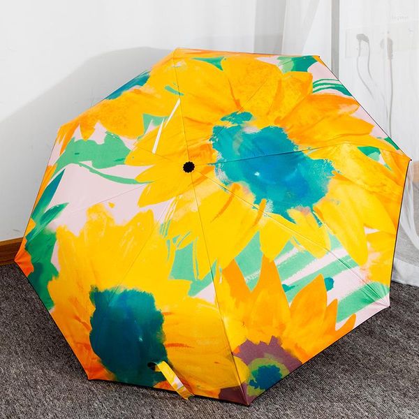 Ombrelli Girasoli Pittura a olio Ombrello Parasole Pioggia Protezione solare Donne Tre pieghevoli Portatile Antivento Sole/Pioggia Outdoor