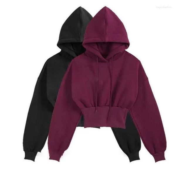 Damen-Kapuzenpullover, Damen, kurzes Kapuzen-Sweatshirt, langärmelig, dick, weiblich, lässig, Sport, Pullover, Mädchen, Streetwear, Herbst, Winter, Schwarz, Rotwein