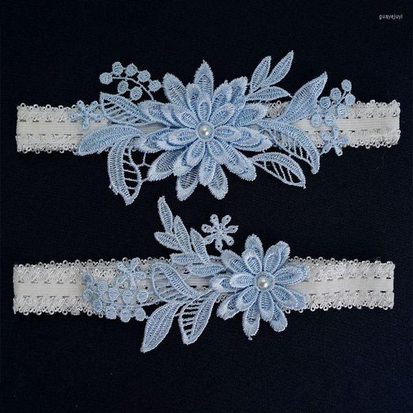 Copricapo Set di anelli per coscia in pizzo elasticizzato da sposa da donna per applicazioni di fiori ricamati blu cielo