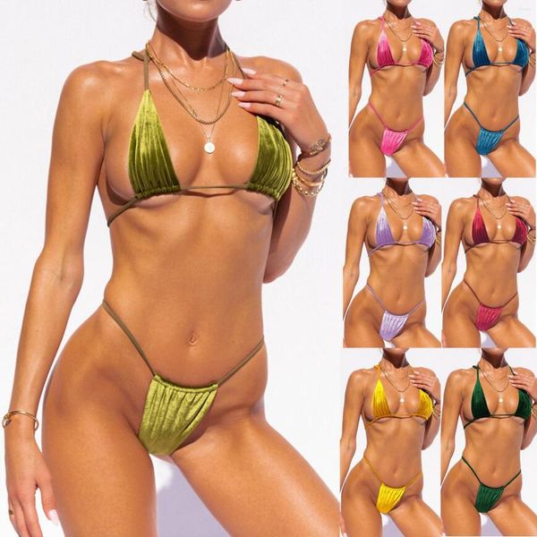 Costumi da bagno da donna Costume da bagno sexy in velluto Costume da bagno micro bikini perizoma Costume da bagno 2 pezzi Costume da bagno estivo da donna con stringhe verdi Biquini