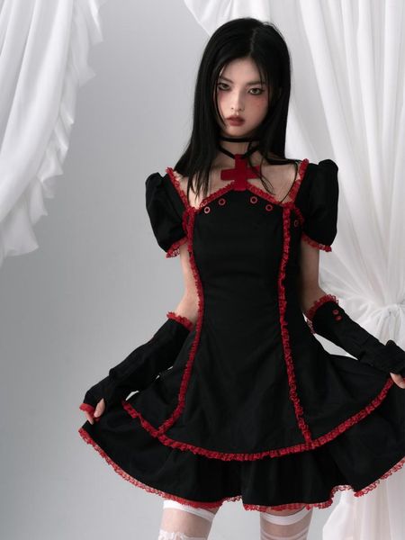 Sıradan Elbiseler Yaz Japon Harajuku Gotik Kadın Moda Kısa Kol Çapraz Cheongsam Siyah Elbise Kadın Mizaç İnce Kawaii