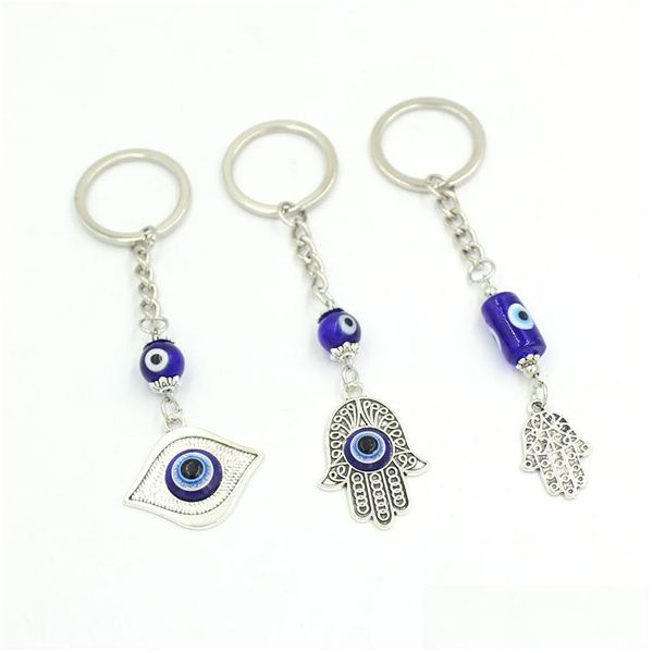 Portachiavi Cilindro tondo all'ingrosso Ceramica Portachiavi blu turco Evil Eye Portachiavi auto Occhi fortunati Catena a mano Hamsa per donna Uomo Ebreo Otpcl