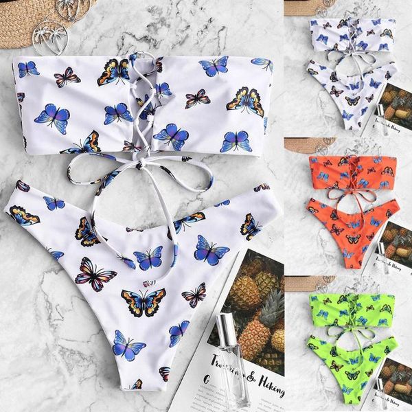Damenbadebekleidung Sexy Bikini Set Frauen 2023 Trägerloser Schmetterlingsdruck Gepolsterter Badeanzug Beachwear Brasilianischer Tanga Biquini