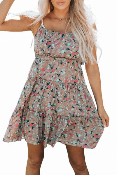 Khaki Flower Printed Triered Frilled Spaghetti Strap Mini Dress E5JD#