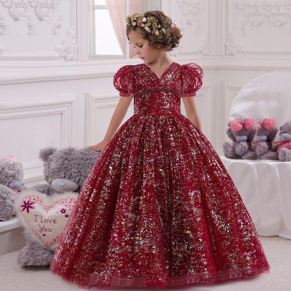 Mädchen Kleider Kinder Pailletten Puffärmel Prinzessin Kleid 5-14 Jahre alt Perlenschleife Mesh Hochzeit Bankett Host Abend