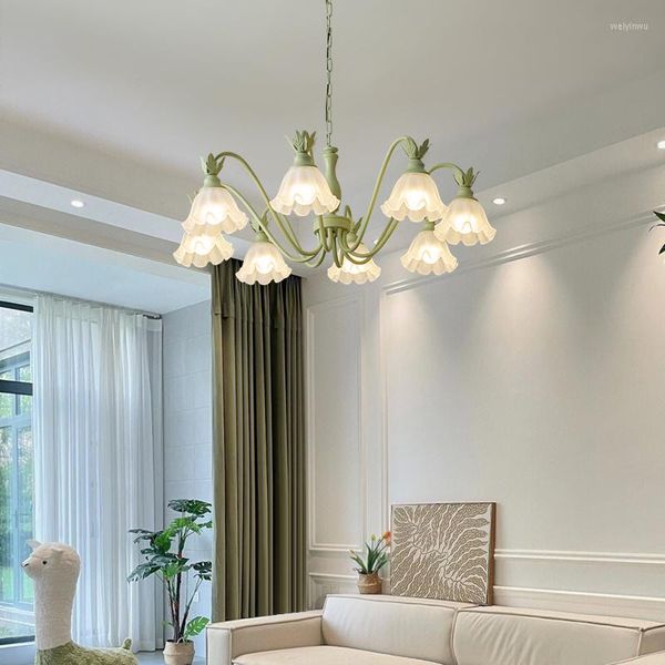 Lampadari FSS 2023 Lampadario moderno Illuminazione per soggiorno con paralumi in vetro Lustri Stili pastorali verdi Plafoniere a fiori