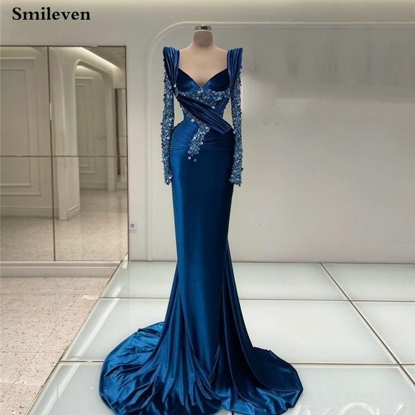 Partykleider Smileven Blau Saudi-Arabien Meerjungfrau Abend Langarm Perlen Kristall Samt Prom Modern 2023 230515