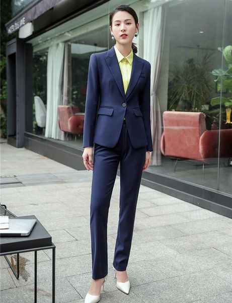 Kadınlar Suits Blazers resmi bayanlar lacivert blazer kadın iş ofisi iş pantolon ve ceket seti üniforma tasarımları
