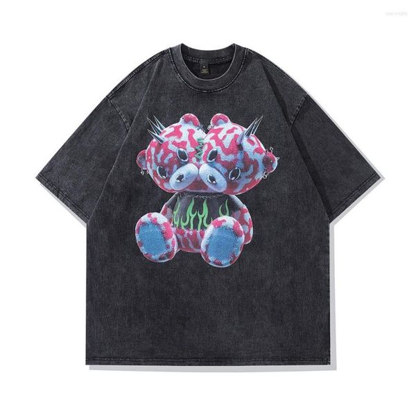 Magliette da uomo Punk Rivet Bear Washed Shirt Harajuku Hip Hop Streetwear Tee Uomo 2023 Summer Oversize T-shirt Y2K Magliette in cotone sciolto Top