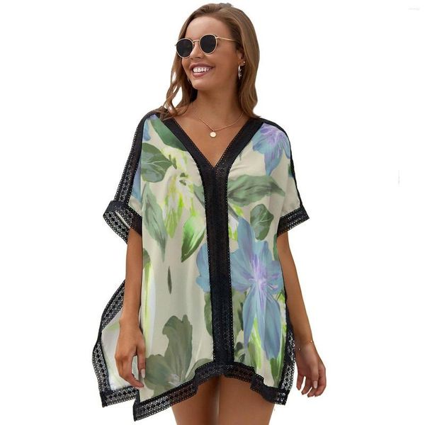 Camicette da donna Maglietta da donna con protezione solare stampata verde chiaro Costume da bagno Cover Up Scollo a V Allentato Sexy Stile da spiaggia Pezzo singolo Top Vacanza