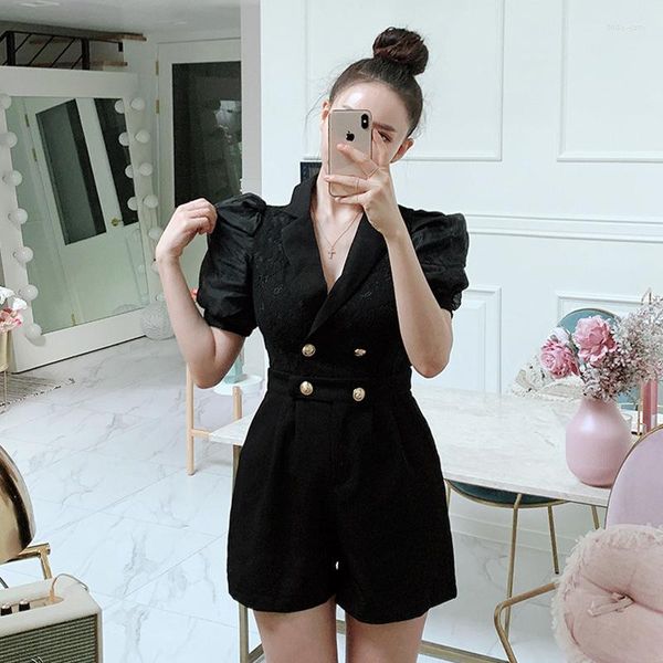 Damen Jumpsuits Ankunft Mode Sommer Frauen Elegante Spitze Vintage Puffärmel Büro Dame Temperament Schlank Schwarz Kurz