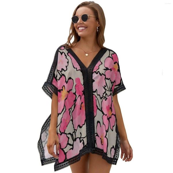 Camicette da donna Stampa floreale rosa Protezione solare da donna Camicia con scollo a V allentato Beach Resort Top pastorale Taglia unica 2023 Estate