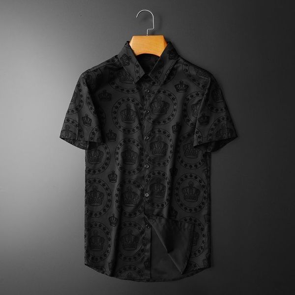 Camicie casual da uomo Luxury Black Crown Flocking Camicia a maniche corte da uomo Camicie estive da uomo Abito formale da lavoro Camisa Camicia a fiori Masculina sociale 230516