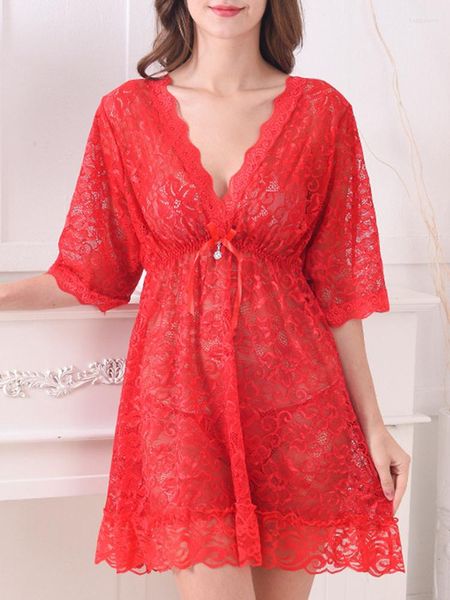 Menas de dormir feminina Sexy Lace Manga curta Nights Women Nightdress exótico Bordado floral Mesh malha de malha de malha feminina Mini Sleeping