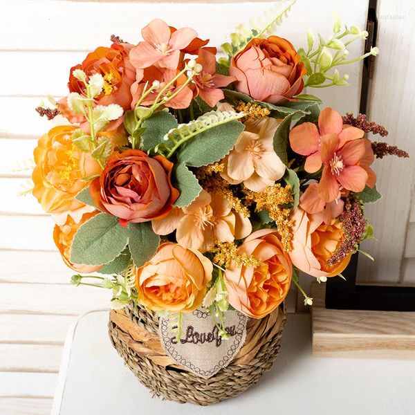 Flores decorativas laranja laranja outono peony home tabela de jardim decoração Camellia seda casamento buquê de buquê de buquê Arranjo de flores