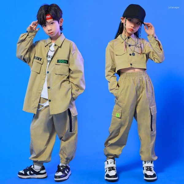 Stage Wear Kids Teen Festival Abbigliamento Hip Hop Khaki Camicia Giacca Crop Top Streetwear Cargo Jogger Pantaloni per Girl Boy Dance Costume Clothes