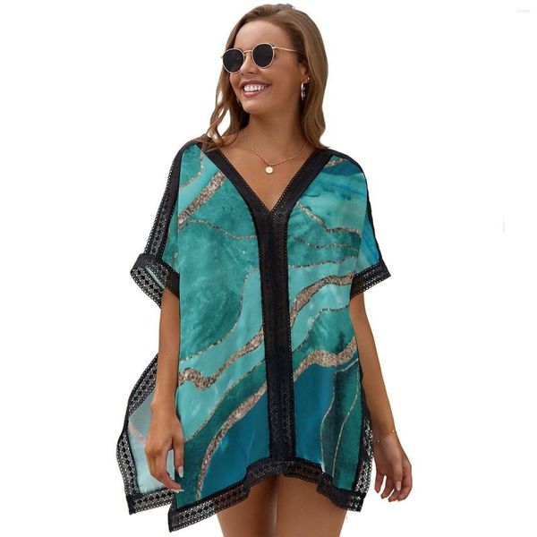 Camicette da donna Verde scuro a righe dorate Costume da bagno bikini da donna Cover Up Visiera parasole Scollo a V Orlo irregolare largo Stile da spiaggia Top 2023