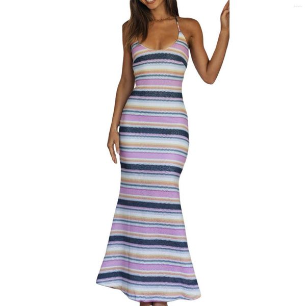 Vestidos casuales Mujeres Halter Neck Knitted Long Dress Rayas Backless Slim Elegante para cóctel Beach Club Party Streetwear