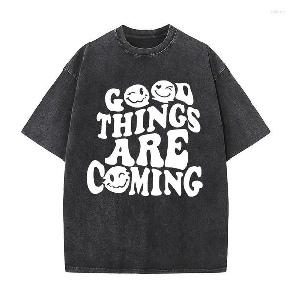 Herren T-Shirts Gute Dinge kommen Happy Face T-Shirt Männer Casual Lose T-Shirt Sommer Baumwolle Tops Mode Vintage T-Shirt Kleidung Luxus