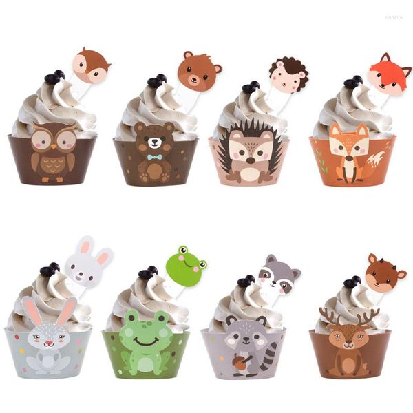 Abastecimento festivo de embalagens de cupcakes de animais Toppers de bolo crianças florestas florestas selvagens de festa de aniversário tem temas de decoração de chá de chá de bebê