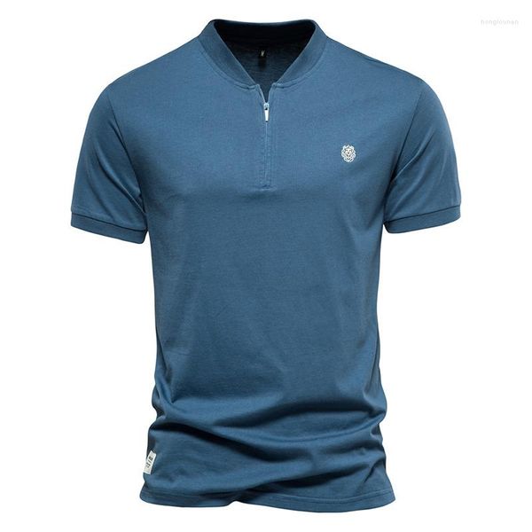 Camiseta masculina camiseta masculina camiseta de cor casual de cor sólida para homens de verão de alta qualidade de alta qualidade zíper tampa de algodão camisetas de algodão