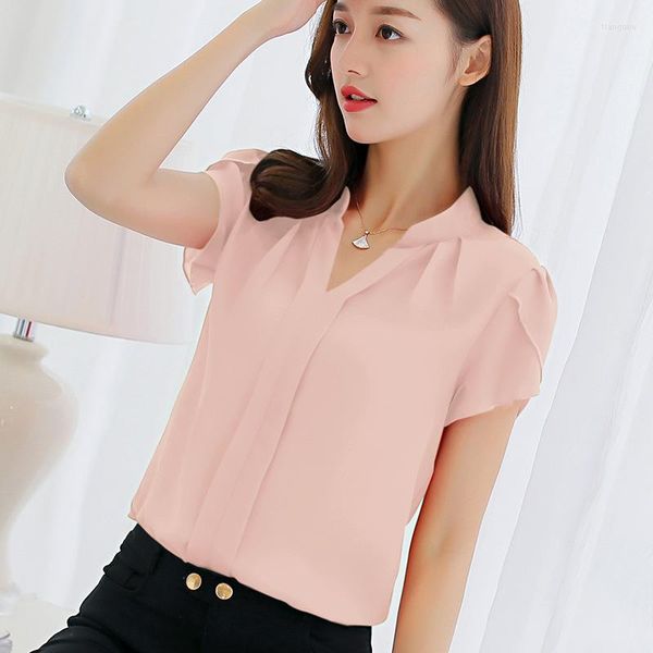 Blouses feminina coreana Mulher camisa mulher Camisa de chiffon de manga curta Office elegante Lady V Neck Blush Blusas Mujer de Moda