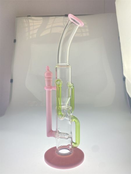Glas-Shisha, 16 Zoll gebogener Hals, einfarbig, rosa, grüne Bong hinzufügen, Recycling-14-mm-Innengewinde, Rauchpfeife, Bohrinsel, Fabrikverkauf