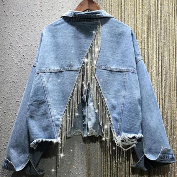 Frauen Jacken Frühling 2023 Denim Oberbekleidung Lose Diamant Kette Quaste Streetwear Drehen-unten Kragen Jacke Frauen