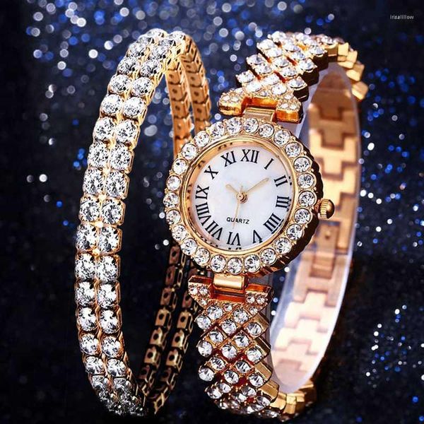 Orologi da polso 2PCS Diamante da donna Scala romana Cinturino in acciaio Cinturino per orologio al quarzo Bracciale da donna elegante di lusso