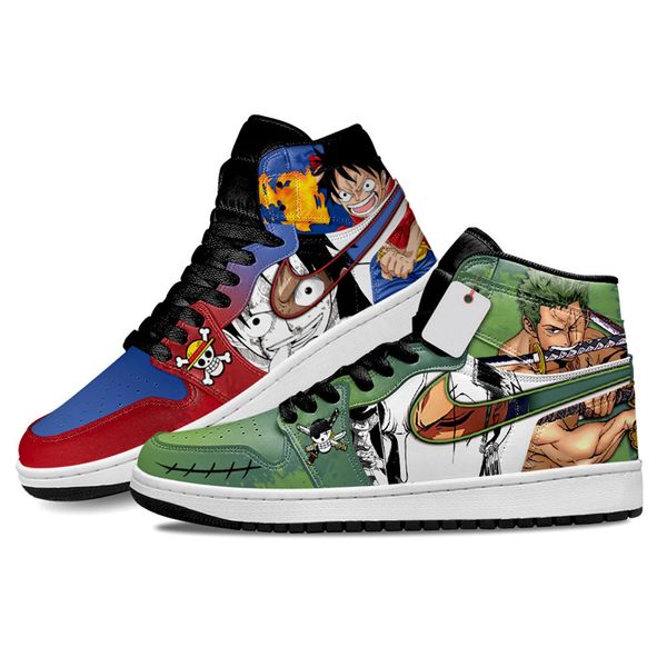 Moda Uomo Donna Scarpe casual Rufy e Roronoa Zoro Anime Sneakers Youth High Top Rubber Graffiti Leather Design Custom Animes Coppia Scarpe da ginnastica MN2102 EU 36-48