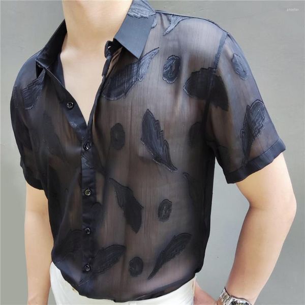 Camisas casuais masculinas camisa transparente sexy masculino preto verão de manga curta Slimfeather folhas padronizes club de festa química homme camicia uomo