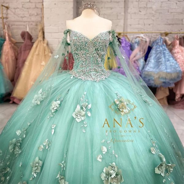 Princesa verde fora do vestido de bola de ombro vestidos Quinceanera para meninas Vestidos de festa de celebridades com capa com capa