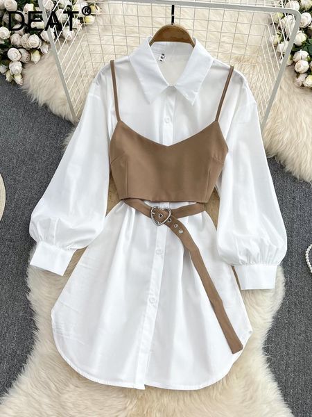 Vestidos deat vestido de duas peças para mulheres vintage porto cintura estreita branco lanterna manga camisa vestidos suspender colete 2023 novo 11x3089