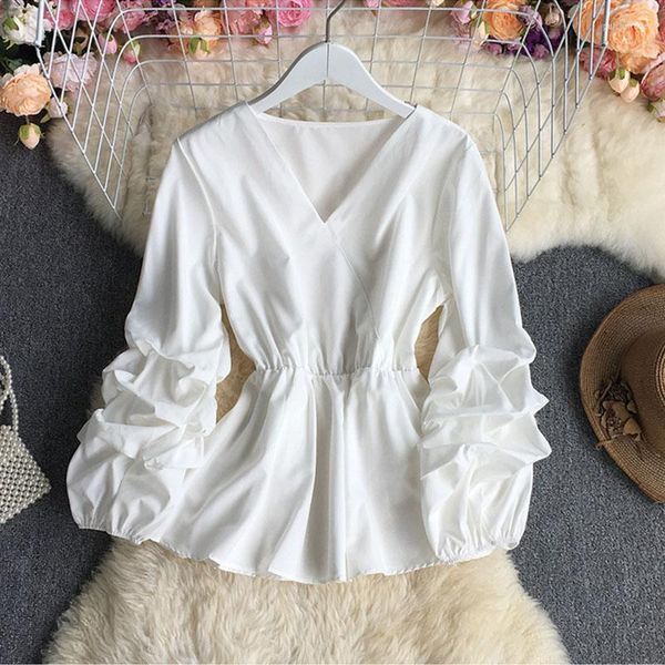 Frauen Blusen Langarm Top Koreanische Weiße Bluse Schößchen Hemd V-ausschnitt Frauen Herbst Winter Shirts Blusas Mujer De moda 2023