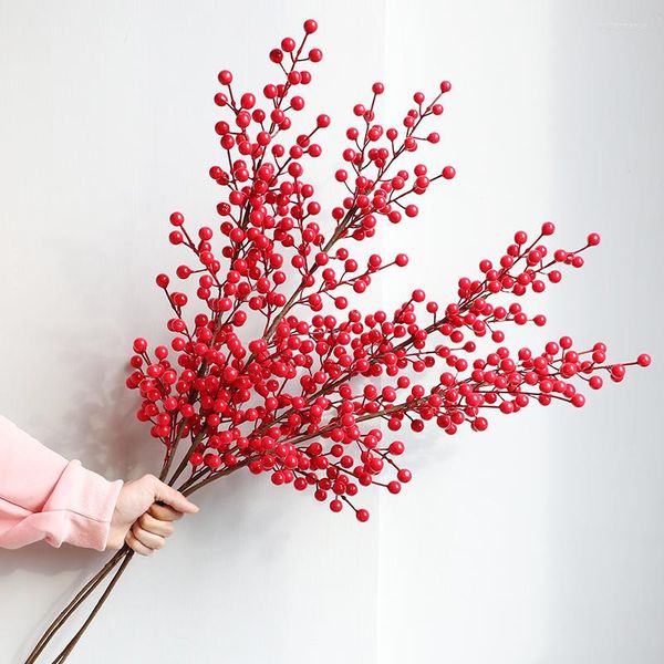 Flores decorativas Fake Holly Berry Branches Artificiais de Flores Tão de Natal Decoração de Casa Decoração de Árvore Vermelha Luxo Luxo Qua