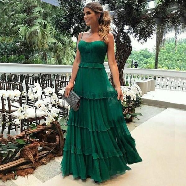 Partykleider, Ballkleider, anständiges grünes Abendkleid mit Trägern, Vestidos De Fiesta, zerknittertes Chiffon-Gewand, Schichten, abgestuft