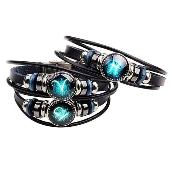 12 Costellazioni Bracciale per donna Gioielli di moda Bracciale in pelle Uomo Casual Personalità Segni zodiacali Bracciale punk fascino 256d