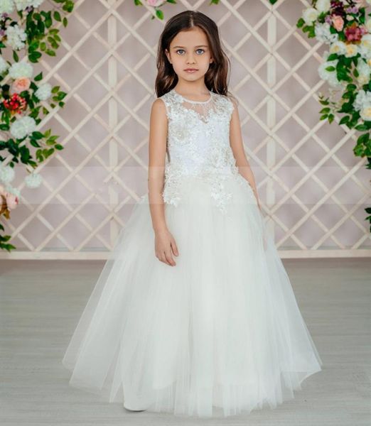 Mädchenkleider, elfenbeinfarbenes weißes Blumenkleid, Perlen-Spitze-Applikation, Kinder-Hochzeitskleid, Prinzessin, Erstkommunion