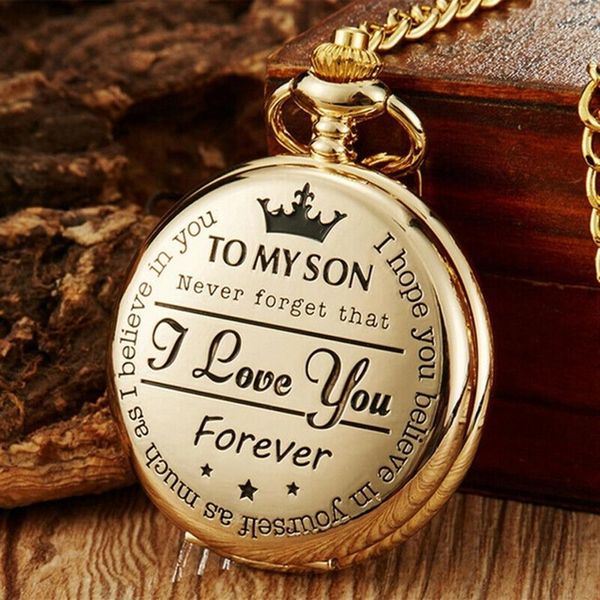 Vintage Silver Black Gold to My Son Laser Word Men Boy Analog Quartz Pocket Watch Pinging Chain Kids Watches 2995