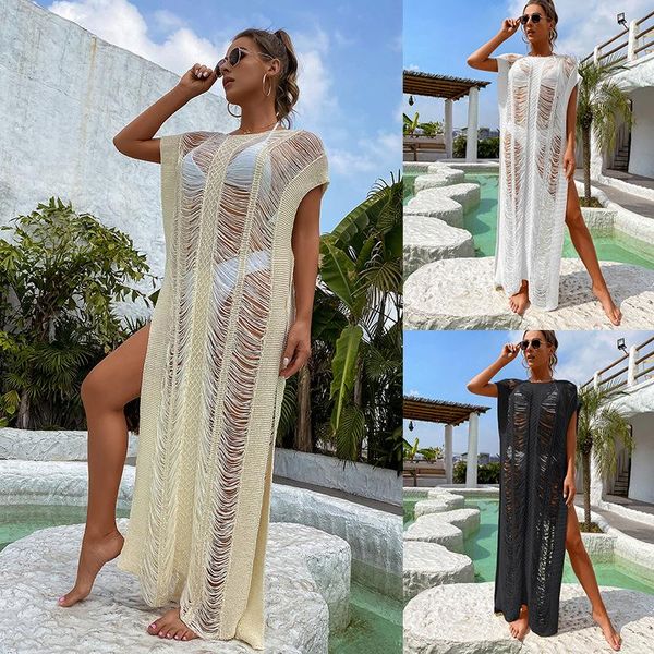 Calças femininas preto branco bikini cobrir verão sexy rendas quimono boho praia longo maxi vestido sheer solto kaftan túnica maiô