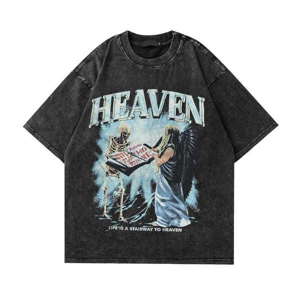 Herren T-Shirts Vintage T-Shirt Streetwear Hip Hop Totenkopf Skelett Engel Grafikdruck Punk Gothic Washed T-Shirt Harajuku Mode Casual Tee Tops J230516