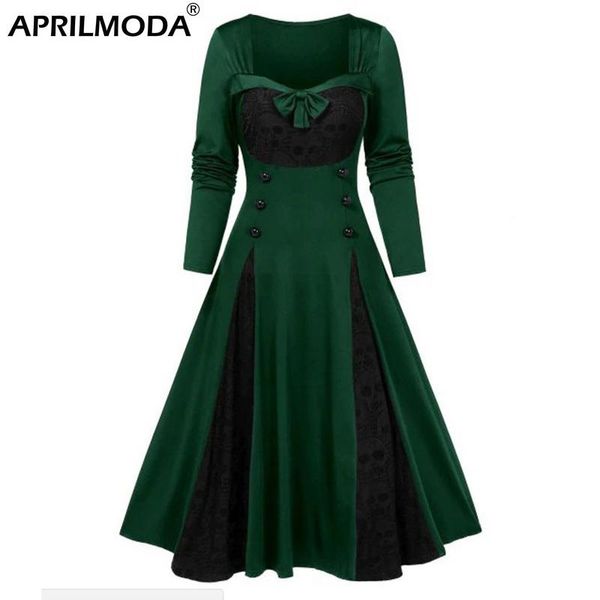 Vestido gótico preto retro vintage pista midi vestidos de manga longa inverno algodão pin up rockabilly swing roupas femininas