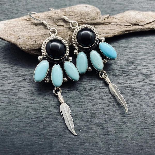 Orecchini pendenti Etnici Colore argento Metallo Ovale intarsiato Pietra blu Piuma Orecchino Vintage Rotondo Nero Zircone Gancio Goccia per gioielli da donna