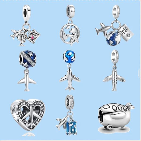 925 Sterling Silver Charms para fabricação de jóias para Pandora Beads Airplane Passport Travel Amulet Dangle Gift Love